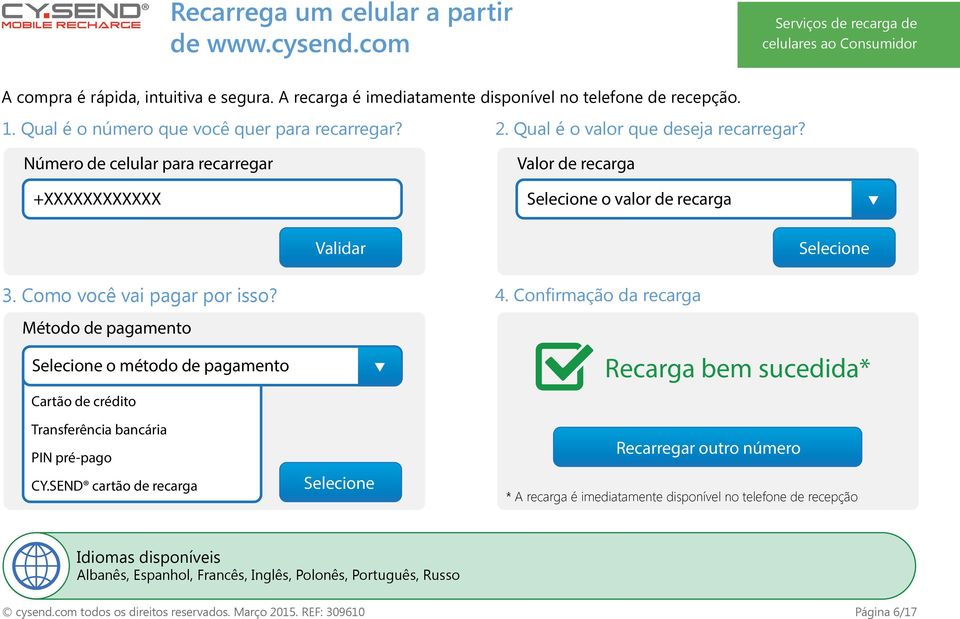 Número de celular para recarregar +XXXXXXXXXXXX Valor de recarga Selecione o valor de recarga Validar Selecione 3. Como você vai pagar por isso? 4.