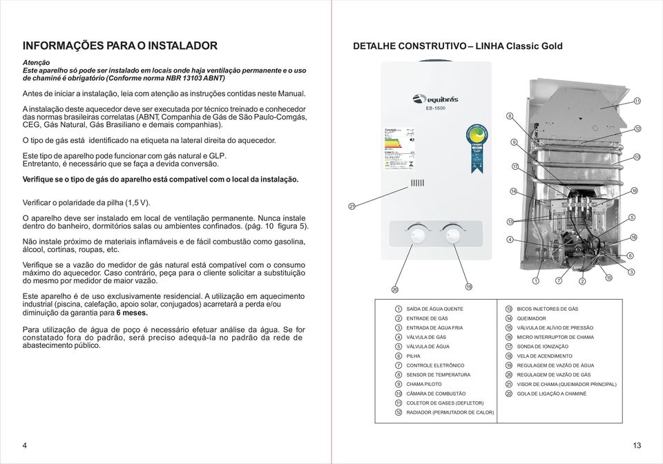 A instalação deste aquecedor deve ser executada por técnico treinado e conhecedor das normas brasileiras correlatas (ABNT, Companhia de Gás de São Paulo-Comgás, CEG, Gás Natural, Gás Brasiliano e