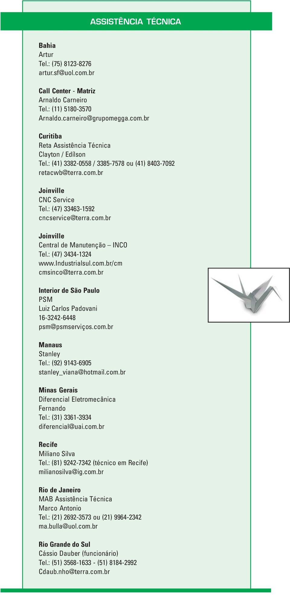 industrialsul.com.br/cm cmsinco@terra.com.br Interior de São Paulo PSM Luiz Carlos Padovani 16-3242-6448 psm@psmserviços.com.br Manaus Stanley Tel.: (92) 9143-6905 stanley_viana@hotmail.com.br Minas Gerais Diferencial Eletromecânica Fernando Tel.