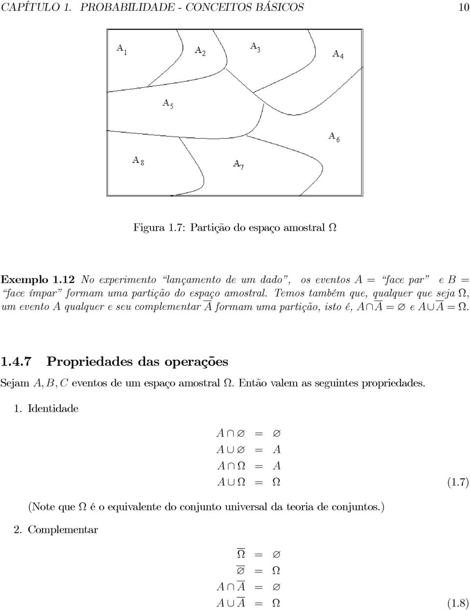 Temos também que, qualquer que seja Ω, um eveto A qualquer e seu complemetar A formam uma partição, isto é, A A e A A Ω. 1.4.