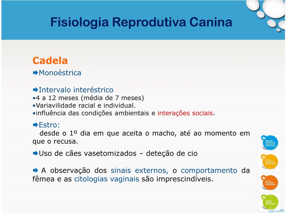 Estro: desde o 1º dia em que aceita o macho, até ao momento em que o recusa.