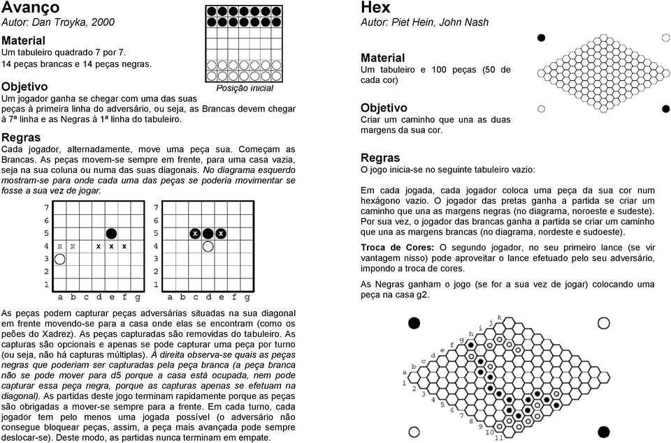 Cada jogador, alternadamente, move uma peça sua. Começam as Brancas. As peças movem-se sempre em frente, para uma casa vazia, seja na sua coluna ou numa das suas diagonais.