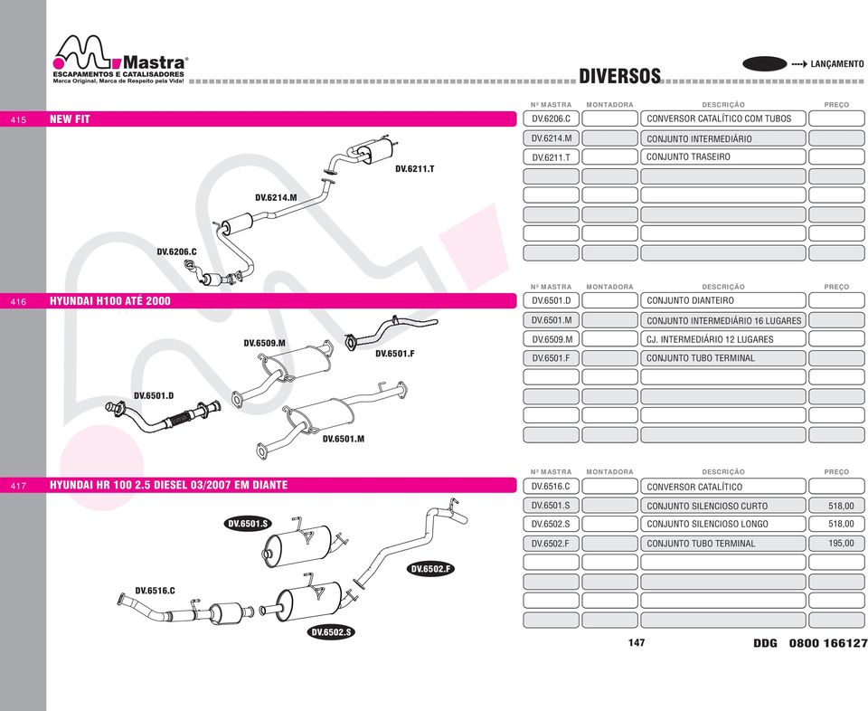 6501.D DV.6501.M 417 HYUNDAI HR 100 2.5 DIESEL 03/2007 EM DIANTE DV.6516.C CONVERSOR CATALÍTICO DV.6501.S CONJUNTO SILENCIOSO CURTO 518,00 DV.