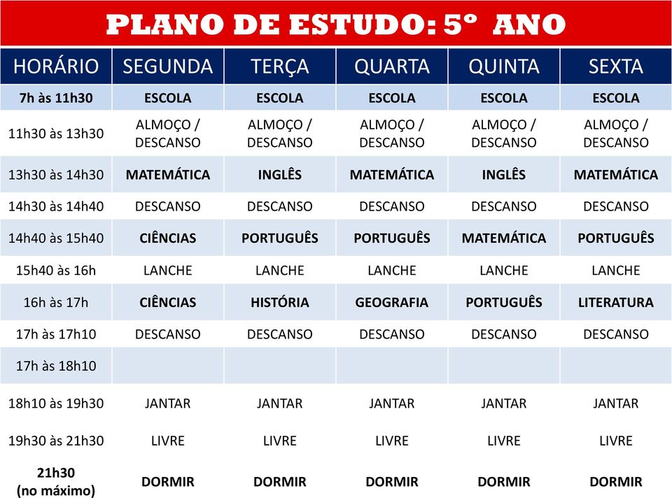 15h40 às 16h LANCHE LANCHE LANCHE LANCHE LANCHE 16h às 17h CIÊNCIAS HISTÓRIA GEOGRAFIA PORTUGUÊS LITERATURA 17h às 17h10 17h às 18h10