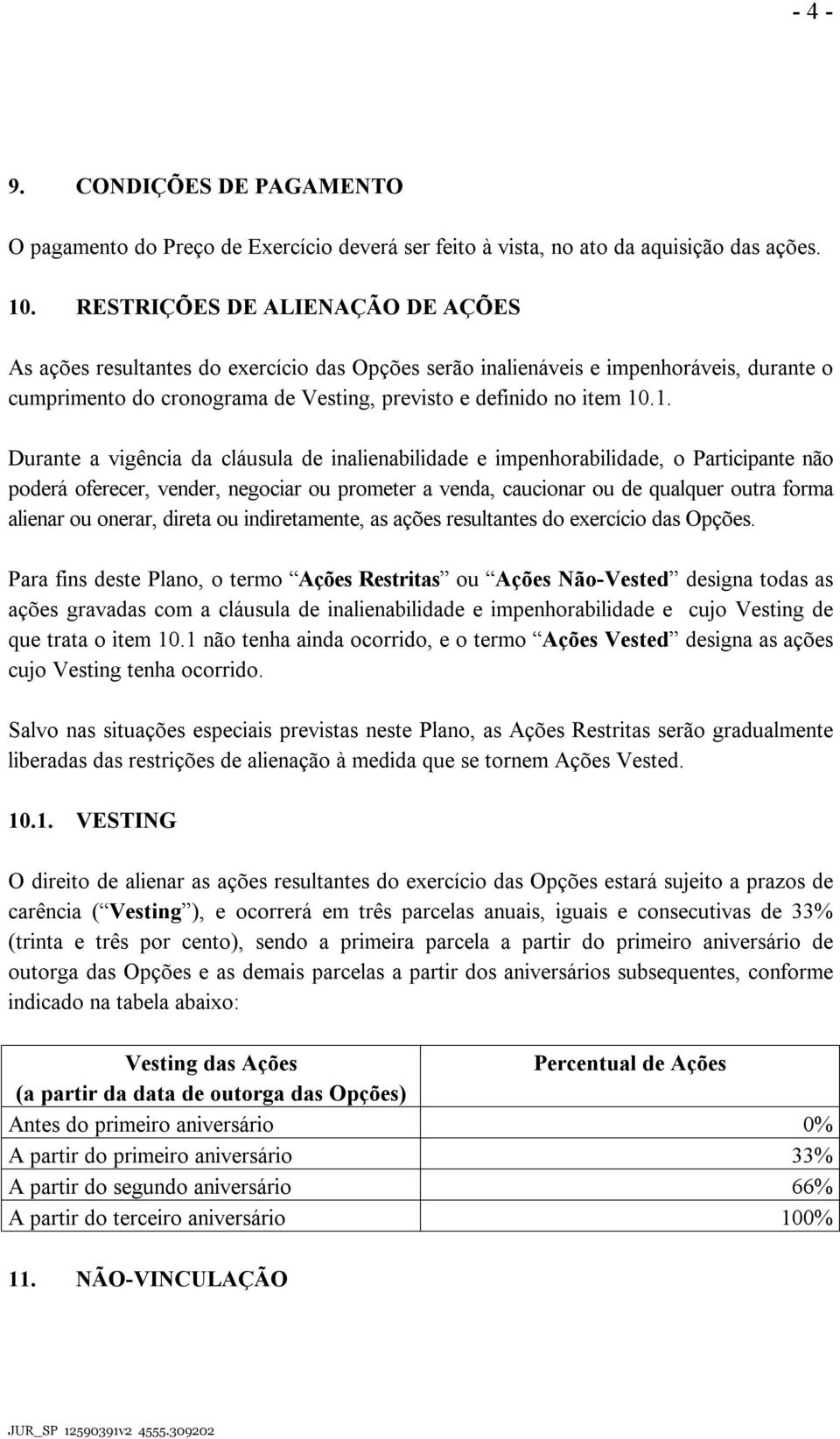 .1. Durante a vigência da cláusula de inalienabilidade e impenhorabilidade, o Participante não poderá oferecer, vender, negociar ou prometer a venda, caucionar ou de qualquer outra forma alienar ou