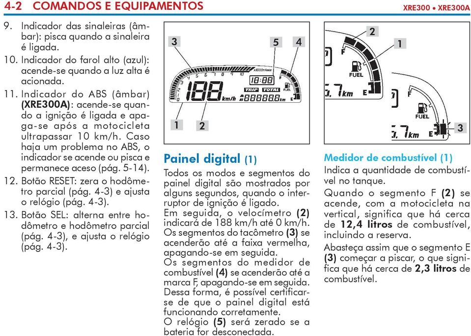 Caso haja um problema no ABS, o indicador se acende ou pisca e permanece aceso (pág. 5-14). 12. Botão RESET: zera o hodômetro parcial (pág. 4-3) e ajusta o relógio (pág. 4-3). 13.