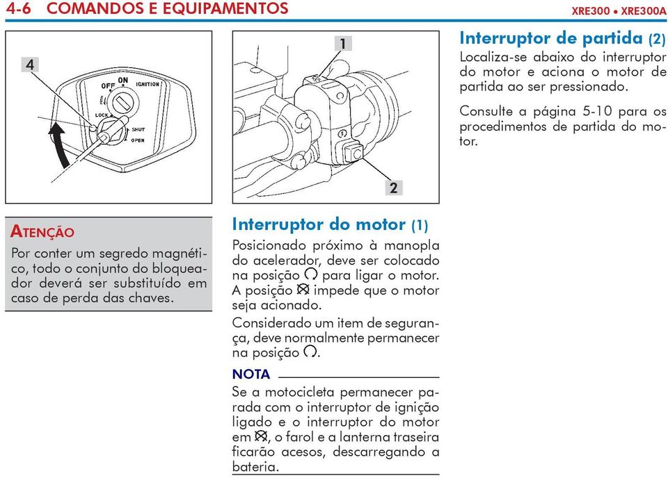 Interruptor do motor (1) Posicionado próximo à manopla do acelerador, deve ser colocado na posição para ligar o motor. A posição impede que o motor seja acionado.