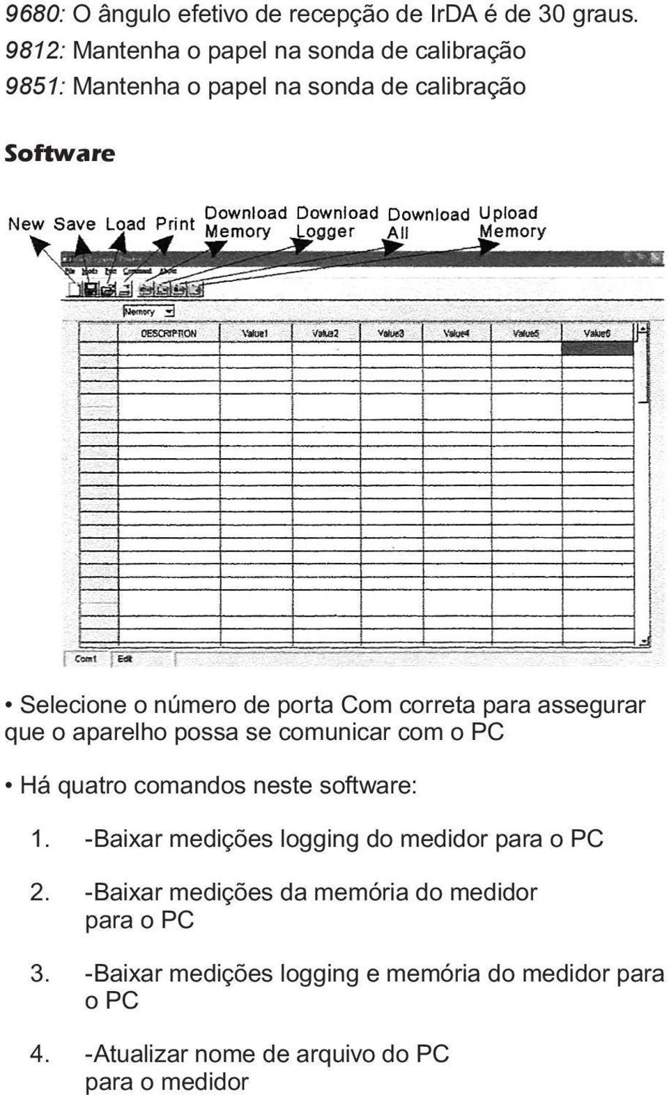 porta Com correta para assegurar que o aparelho possa se comunicar com o PC Há quatro comandos neste software: 1. 2. 3. 4.