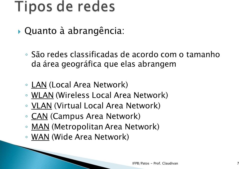 Area Network) VLAN (Virtual Local Area Network) CAN (Campus Area Network) MAN