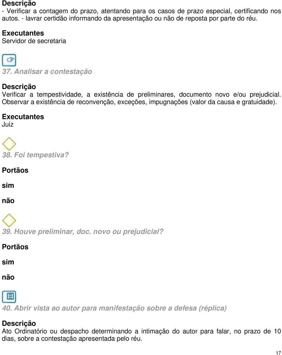 Analisar a contestação Verificar a tempestividade, a existência de preliminares, documento novo e/ou prejudicial.