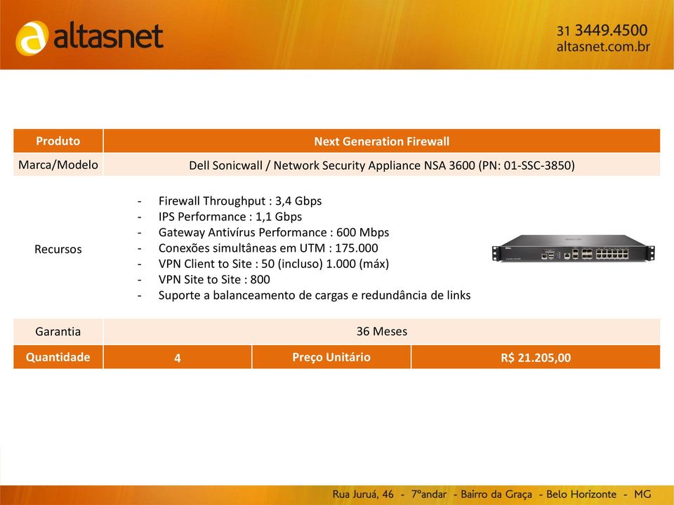 600 Mbps - Conexões simultâneas em UTM : 175.000 - VPN Client to Site : 50 (incluso) 1.