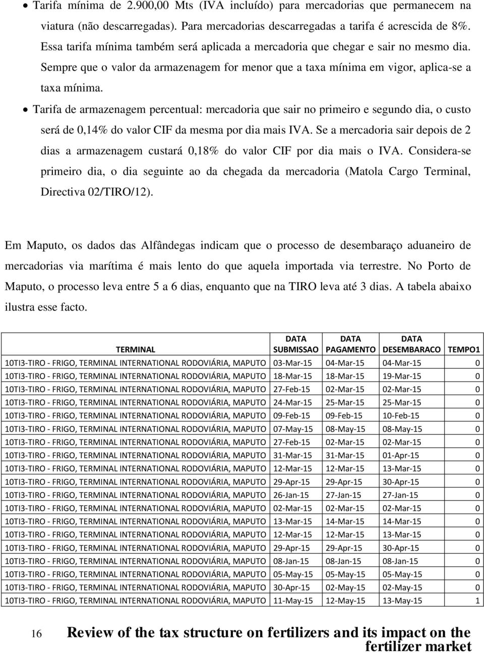 Tarifa de armazenagem percentual: mercadoria que sair no primeiro e segundo dia, o custo será de 0,14% do valor CIF da mesma por dia mais IVA.