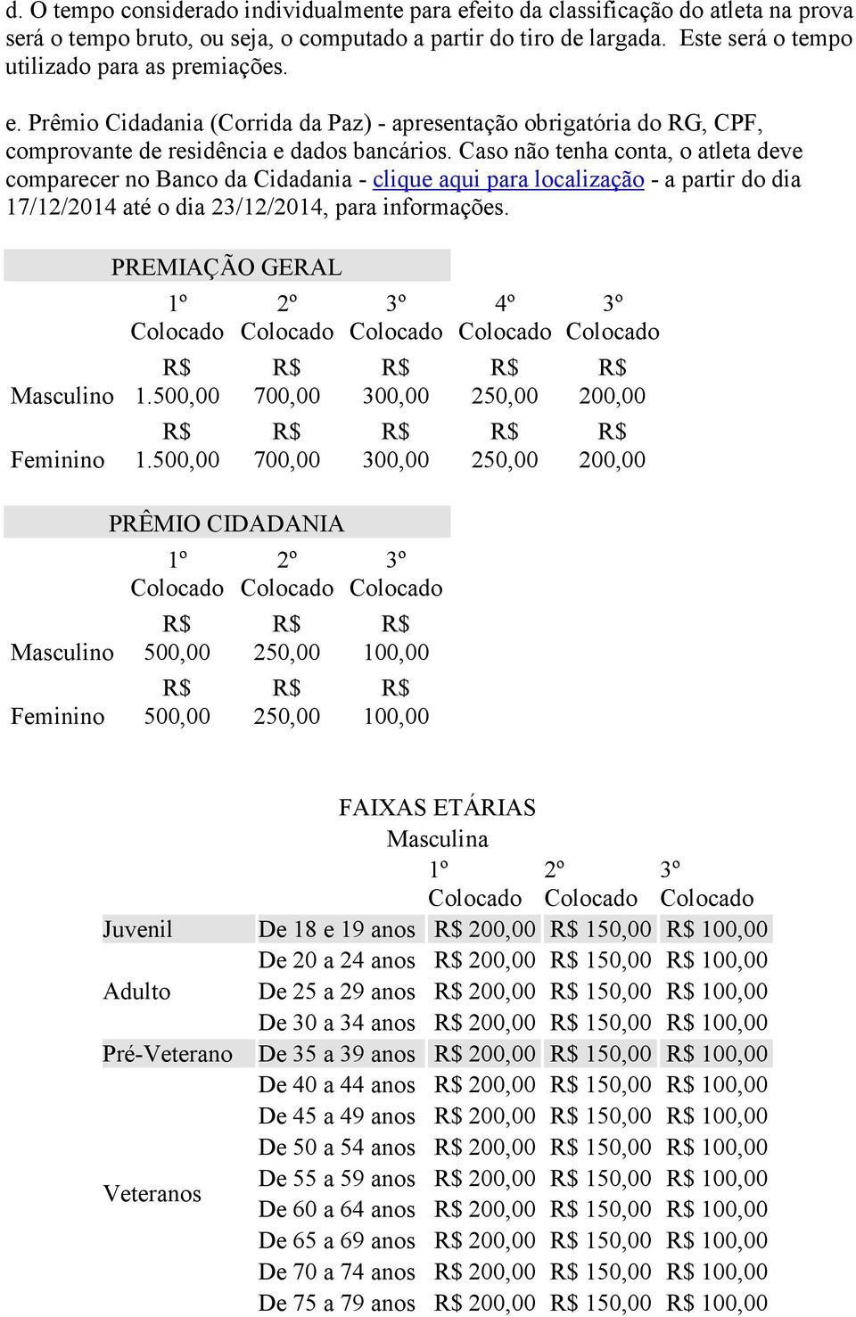 Caso não tenha conta, o atleta deve comparecer no Banco da Cidadania - clique aqui para localização - a partir do dia 17/12/2014 até o dia 23/12/2014, para informações.