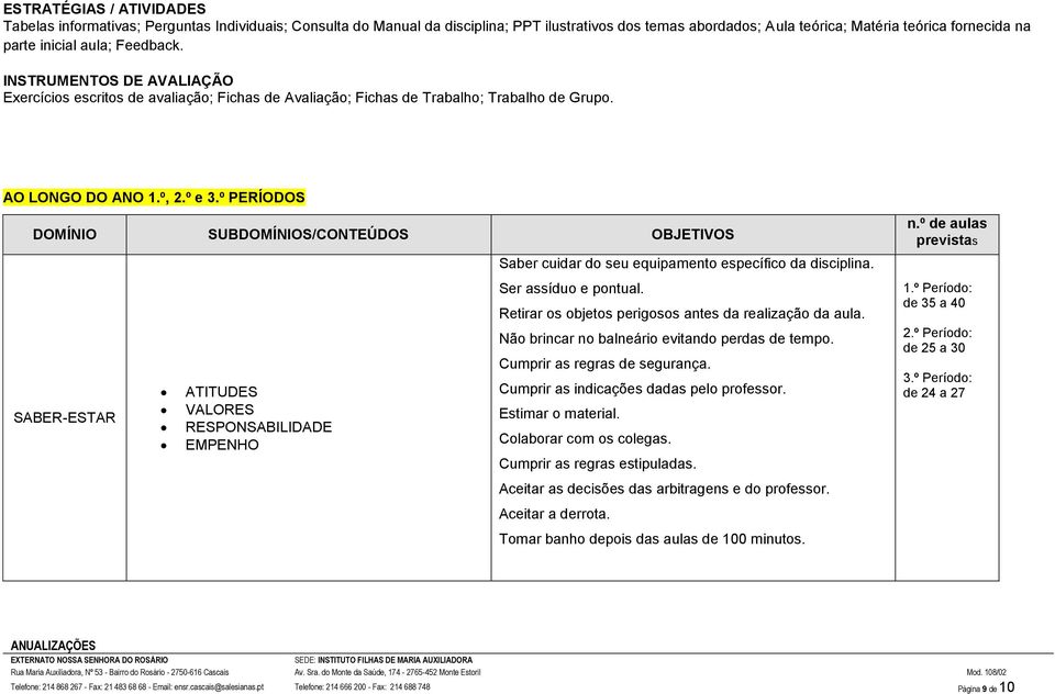 º PERÍODOS DOMÍNIO SUBDOMÍNIOS/CONTEÚDOS OBJETIVOS Saber cuidar do seu equipamento específico da disciplina. Ser assíduo e pontual. Retirar os objetos perigosos antes da realização da aula.