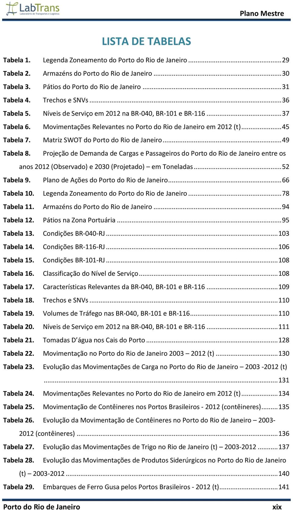 Matriz SWOT do Porto do Rio de Janeiro... 49 Tabela 8. Projeção de Demanda de Cargas e Passageiros do Porto do Rio de Janeiro entre os anos 2012 (Observado) e 2030 (Projetado) em Toneladas.