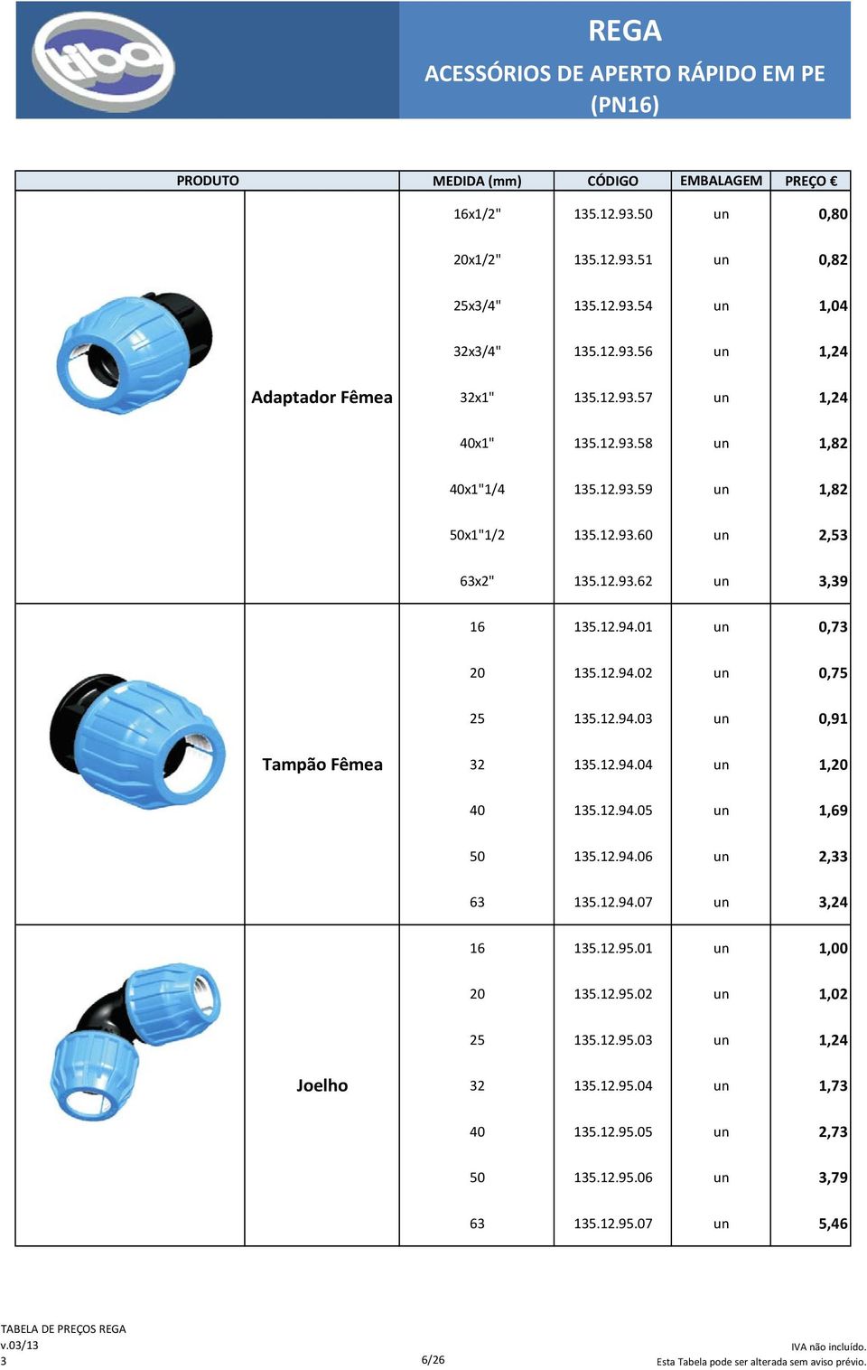 12.94.03 un 0,91 Tampão Fêmea 32 135.12.94.04 un 1,20 40 135.12.94.05 un 1,69 50 135.12.94.06 un 2,33 63 135.12.94.07 un 3,24 16 135.12.95.01 un 1,00 20 135.12.95.02 un 1,02 25 135.