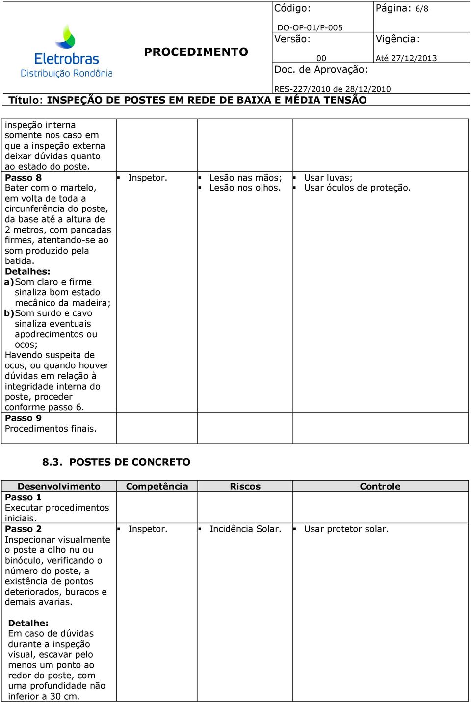 Detalhes: a) Som claro e firme sinaliza bom estado mecânico da madeira; b) Som surdo e cavo sinaliza eventuais apodrecimentos ou ocos; Havendo suspeita de ocos, ou quando houver dúvidas em relação à