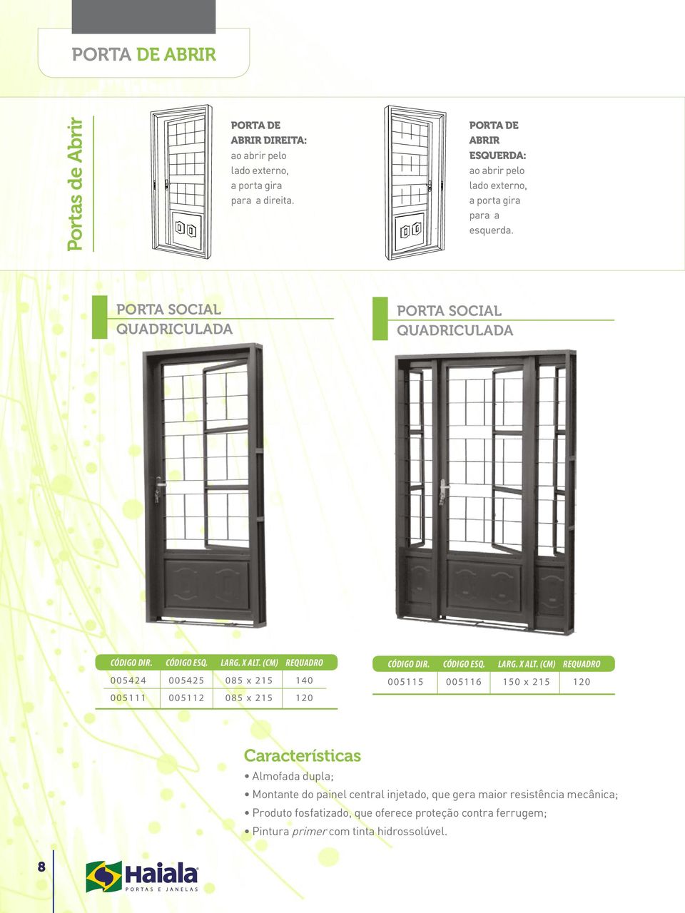 PORTA SOCIAL QUADRICULADA PORTA SOCIAL QUADRICULADA 005424 005425 085 x 215 140 005111 005112 085 x 215 120 005115