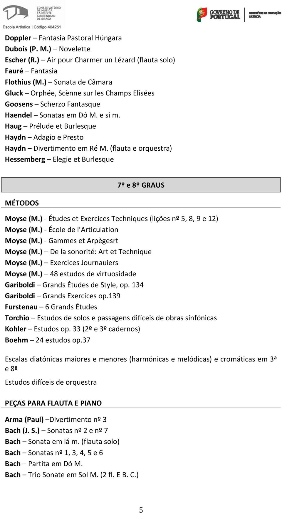 (flauta e orquestra) Hessemberg Elegie et Burlesque 7º e 8º GRAUS Moyse (M.) Études et Exercices Techniques (lições nº 5, 8, 9 e 12) Moyse (M.) École de l Articulation Moyse (M.