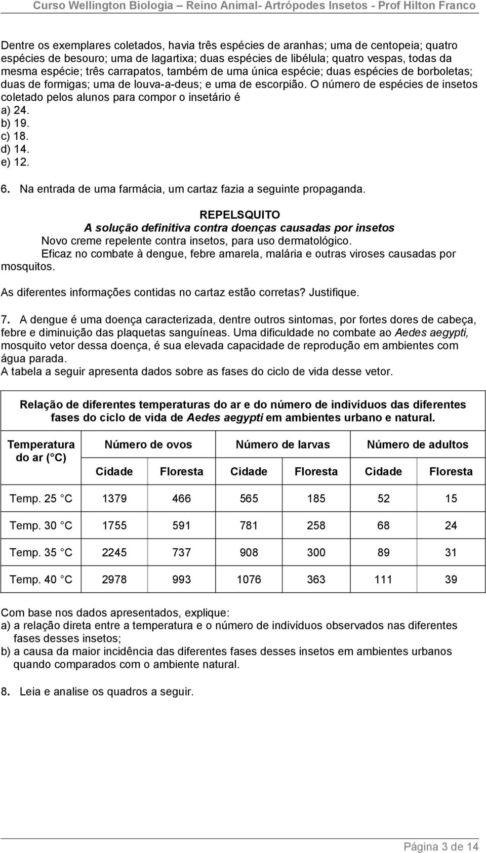 O número de espécies de insetos coletado pelos alunos para compor o insetário é a) 24. b) 19. c) 18. d) 14. e) 12. 6. Na entrada de uma farmácia, um cartaz fazia a seguinte propaganda.