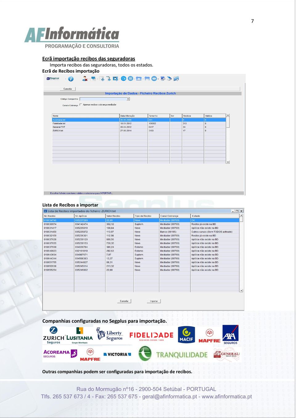 Ecrã de Recibos importação Lista de Recibos a importar Companhias