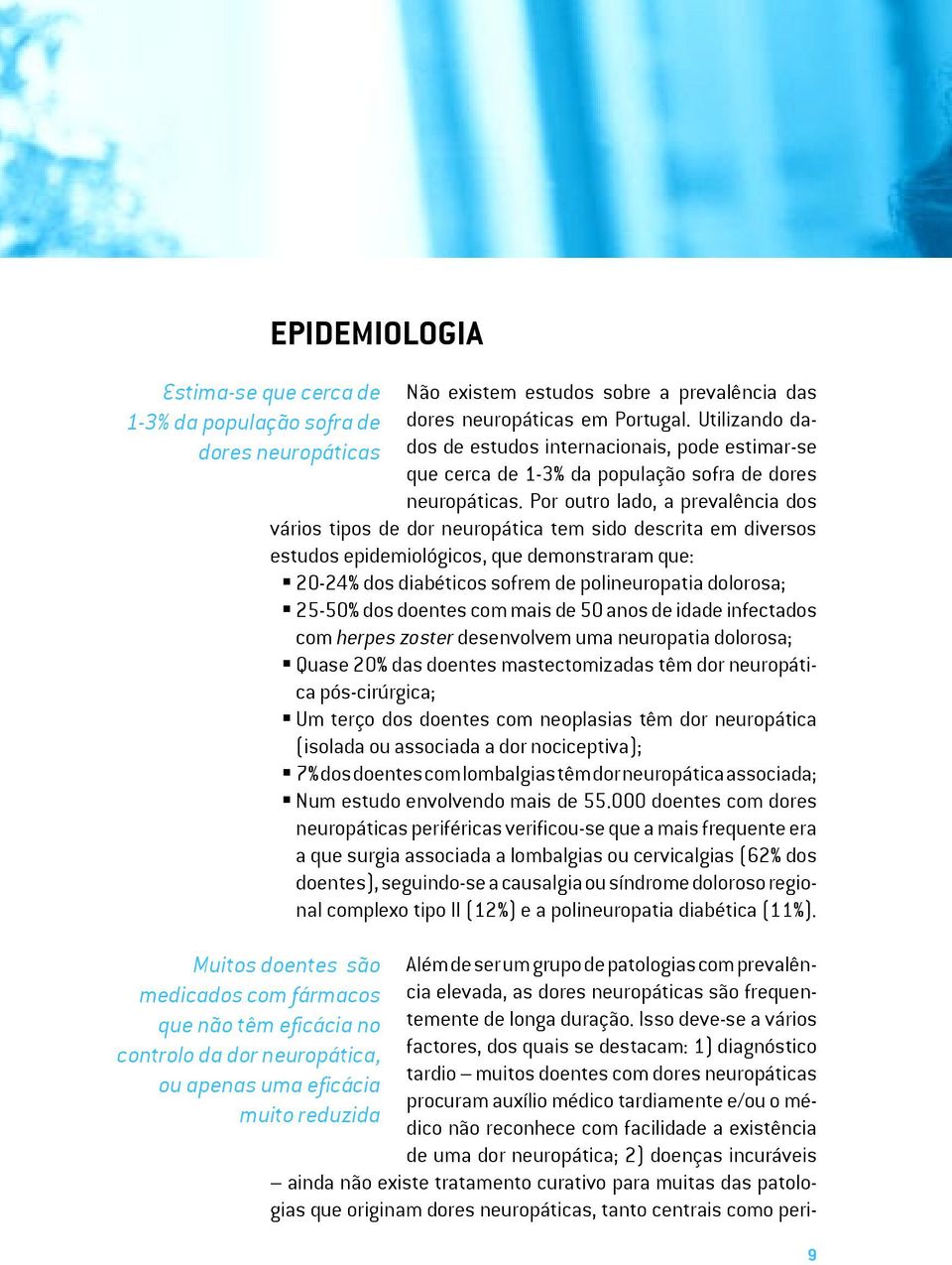 Por outro lado, a prevalência dos vários tipos de dor neuropática tem sido descrita em diversos estudos epidemiológicos, que demonstraram que: 20-24% dos diabéticos sofrem de polineuropatia dolorosa;