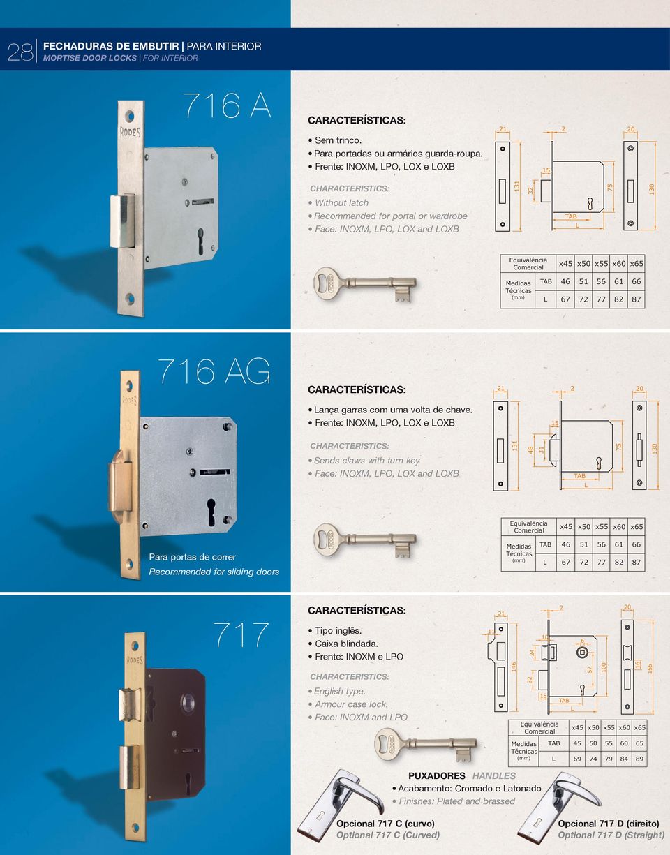 Frente: INOXM, PO, OX e OXB 1 Sends claws with turn key Face: INOXM, PO, OX and OXB 131 48 31 75 130 x x x x x Para portas de correr Recommended for sliding doors 46 67 51 7 56 77 61 8 66 87 1 7 Tipo