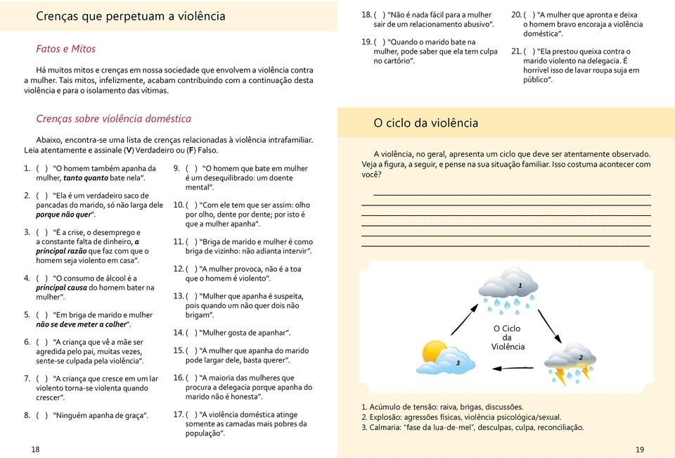 ( ) Quando o marido bate na mulher, pode saber que ela tem culpa no cartório. 20. ( ) A mulher que apronta e deixa o homem bravo encoraja a violência doméstica. 21.