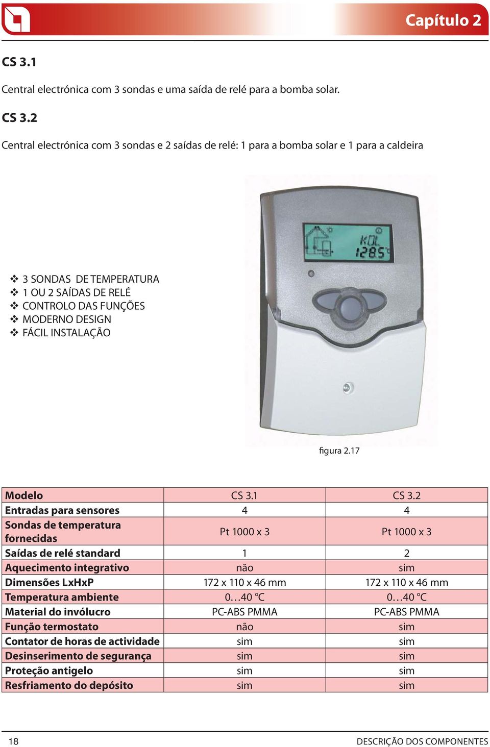 2 Central electrónica com 3 sondas e 2 saídas de relé: 1 para a bomba solar e 1 para a caldeira 3 SONDAS DE TEMPERATURA 1 OU 2 SAÍDAS DE RELÉ CONTROLO DAS FUNÇÕES MODERNO DESIGN FÁCIL INSTALAÇÃO