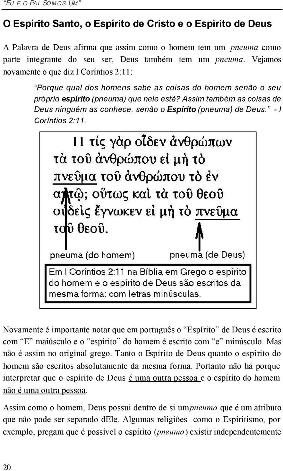 Assim também as coisas de Deus ninguém as conhece, senão o Espírito (pneuma) de Deus. - I Coríntios 2:11.