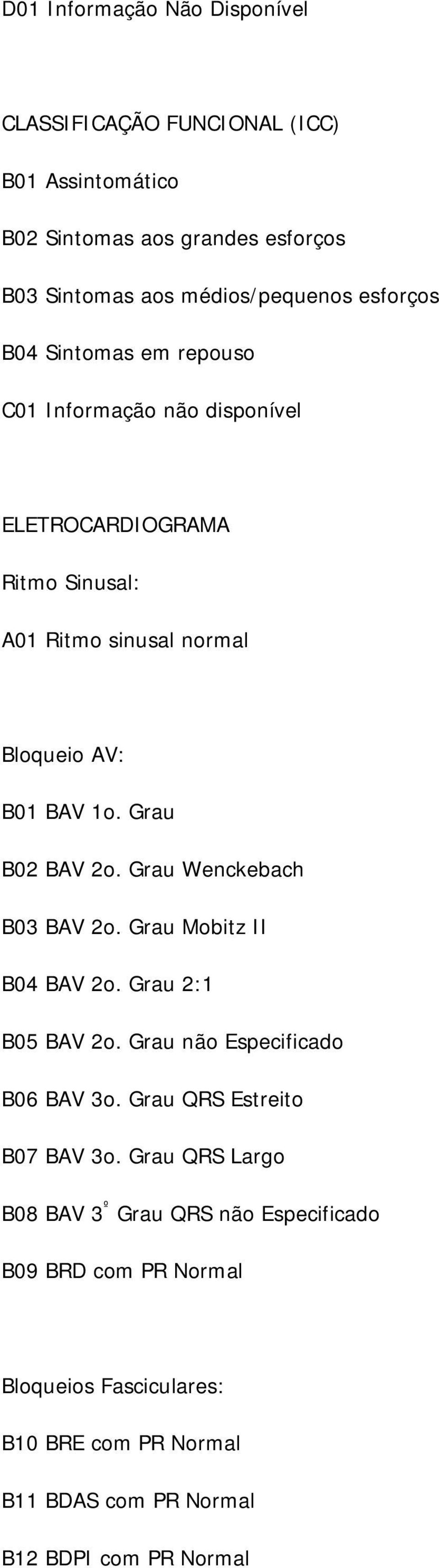 Grau Wenckebach B03 BAV 2o. Grau Mobitz II B04 BAV 2o. Grau 2:1 B05 BAV 2o. Grau não Especificado B06 BAV 3o. Grau QRS Estreito B07 BAV 3o.