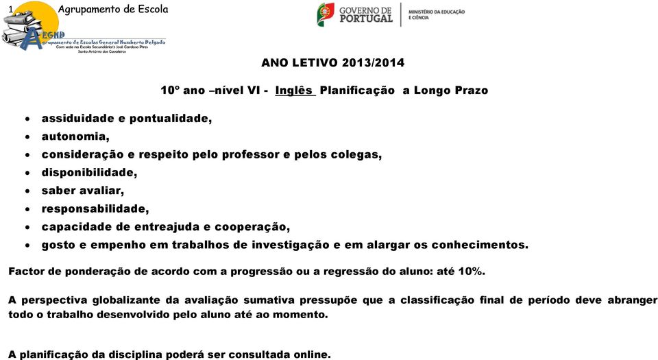 Factor de ponderação de acordo com a progressão ou a regressão do aluno: até 10%.