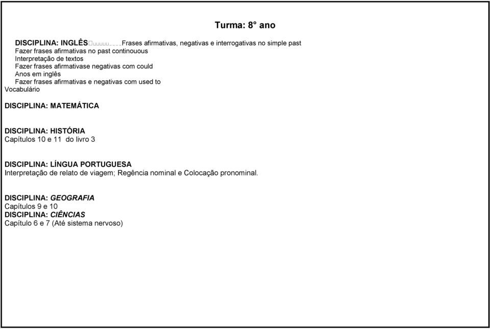 e negativas com used to Vocabulário Capítulos 10 e 11 do livro 3 DISCIPLINA: LÍNGUA PORTUGUESA Interpretação de