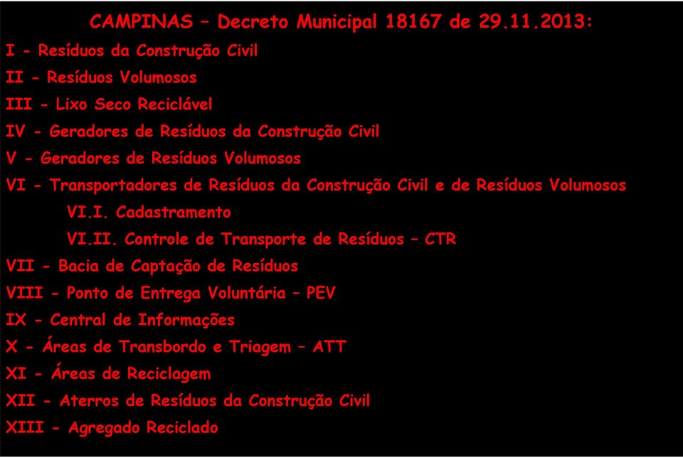 Geradores de Resíduos Volumosos VI - Transportadores de Resíduos da Construção Civil e de Resíduos Volumosos VI.I. Cadastramento VI.II.