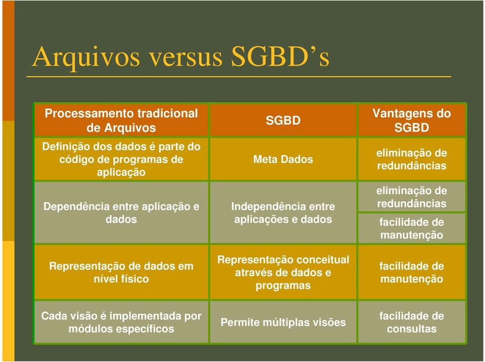 Representação conceitual através de dados e programas Vantagens do SGBD eliminação de redundâncias eliminação de redundâncias