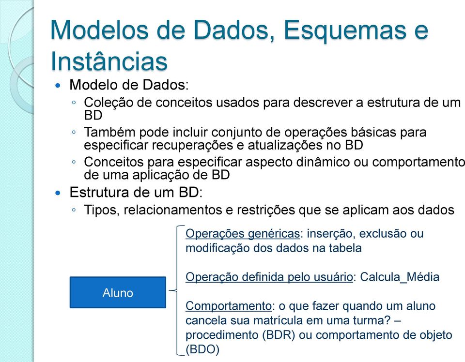 Estrutura de um BD: Tipos, relacionamentos e restrições que se aplicam aos dados Operações genéricas: inserção, exclusão ou modificação dos dados na tabela