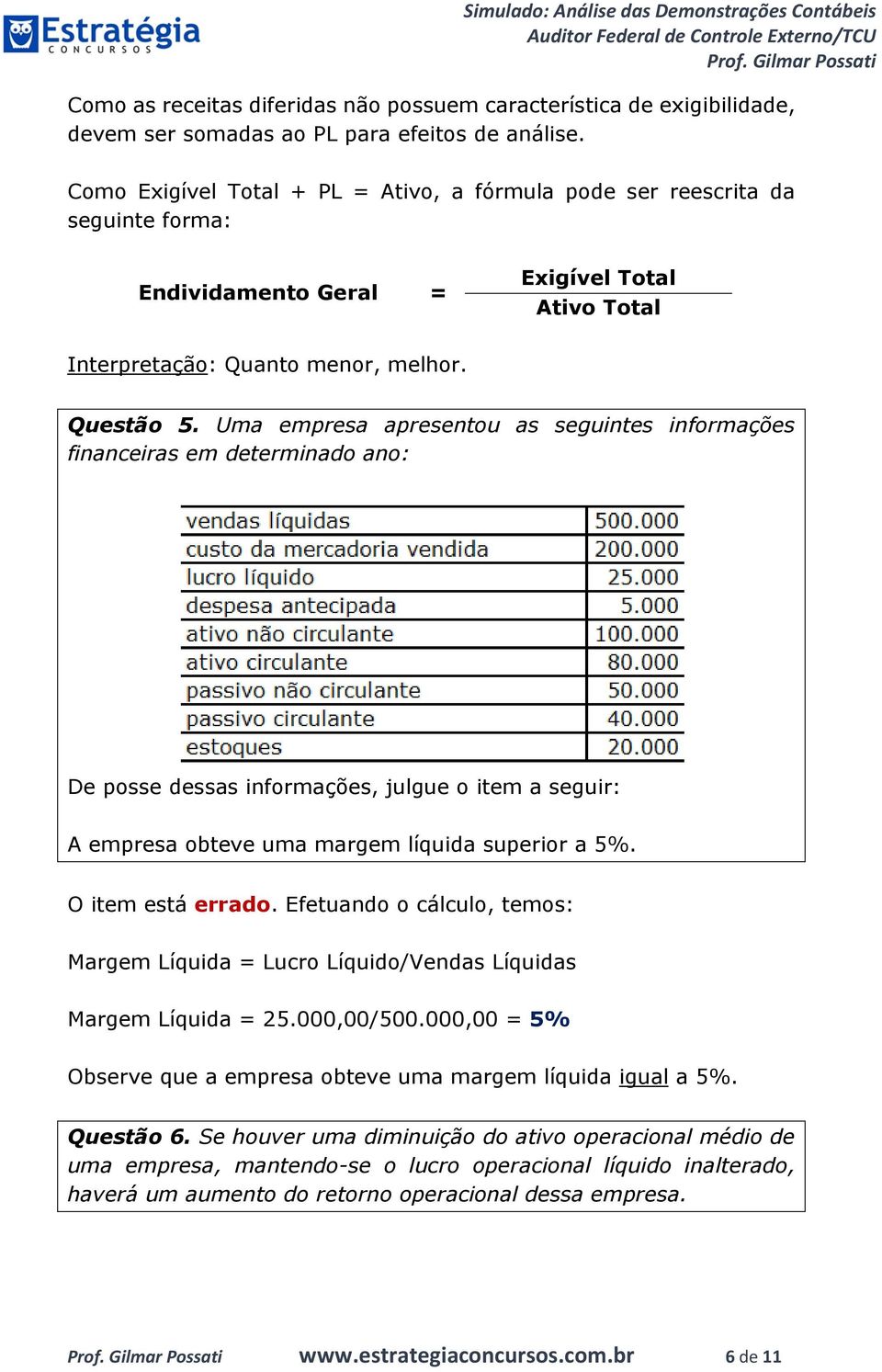 Uma empresa apresentou as seguintes informações financeiras em determinado ano: De posse dessas informações, julgue o item a seguir: A empresa obteve uma margem líquida superior a 5%.