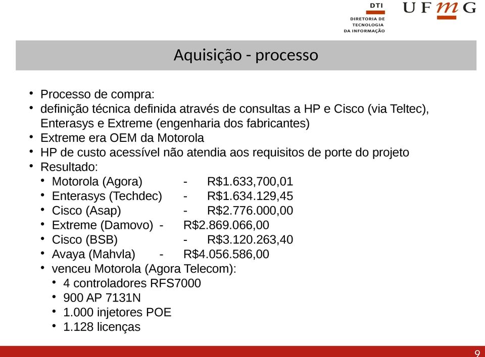 Motorola (Agora) - R$1.633,700,01 Enterasys (Techdec) - R$1.634.129,45 Cisco (Asap) - R$2.776.000,00 Extreme (Damovo) - R$2.869.