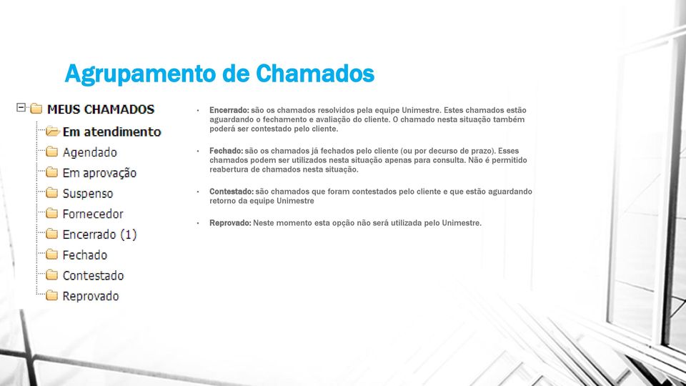 Fechado: são os chamados já fechados pelo cliente (ou por decurso de prazo). Esses chamados podem ser utilizados nesta situação apenas para consulta.