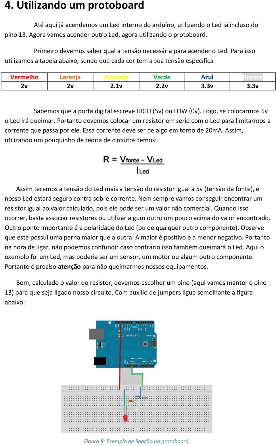 Para isso utilizamos a tabela abaixo, sendo que cada cor tem a sua tensão específica Vermelho Laranja Amarelo Verde Azul Branco 2v 2v 2.1v 2.2v 3.3v 3.