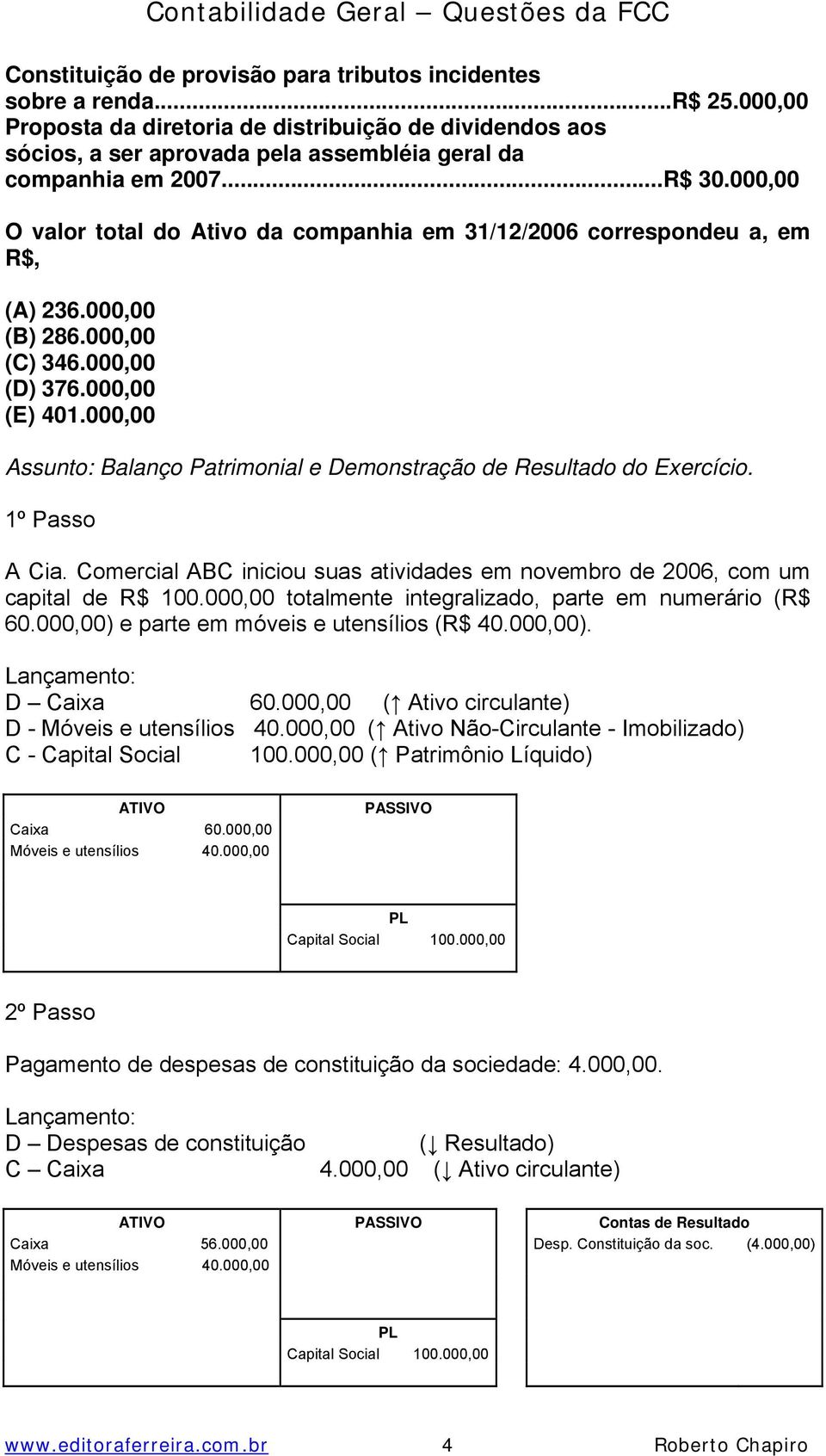 000,00 O valor total do Ativo da companhia em 31/12/2006 correspondeu a, em R$, (A) 236.000,00 (B) 286.000,00 (C) 346.000,00 (D) 376.000,00 (E) 401.