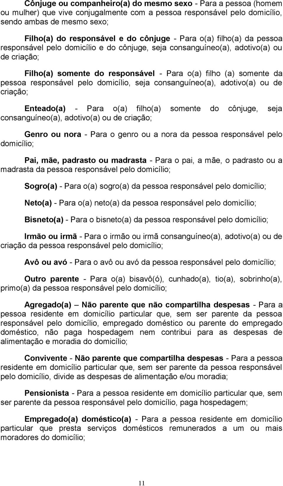 responsável pelo domicílio, seja consanguíneo(a), adotivo(a) ou de criação; Enteado(a) - Para o(a) filho(a) somente do cônjuge, seja consanguíneo(a), adotivo(a) ou de criação; Genro ou nora - Para o