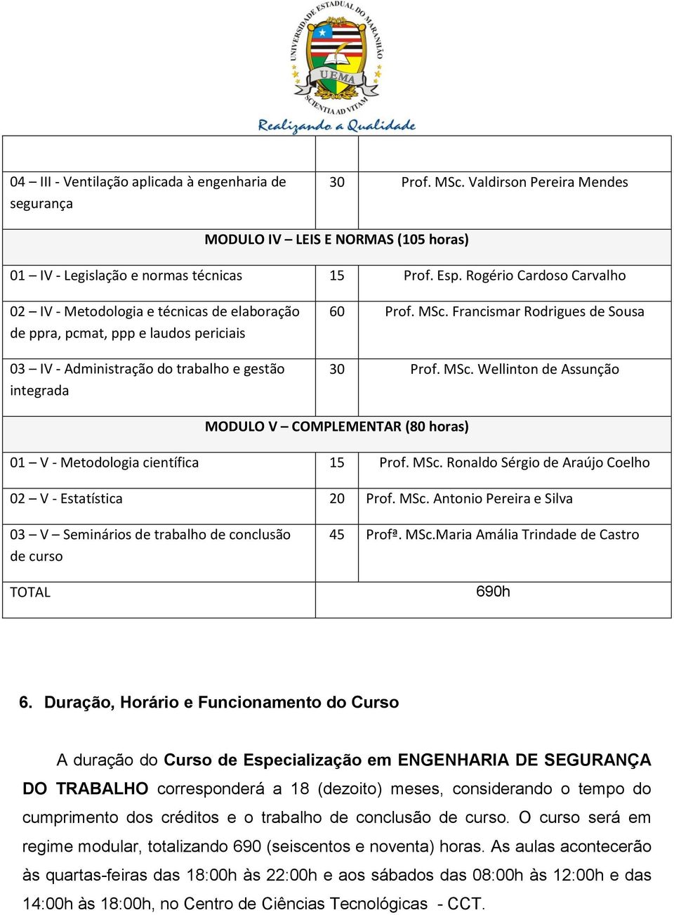 Francismar Rodrigues de Sousa 30 Prof. MSc. Wellinton de Assunção MODULO V COMPLEMENTAR (80 horas) 01 V - Metodologia científica 15 Prof. MSc. Ronaldo Sérgio de Araújo Coelho 02 V - Estatística 20 Prof.