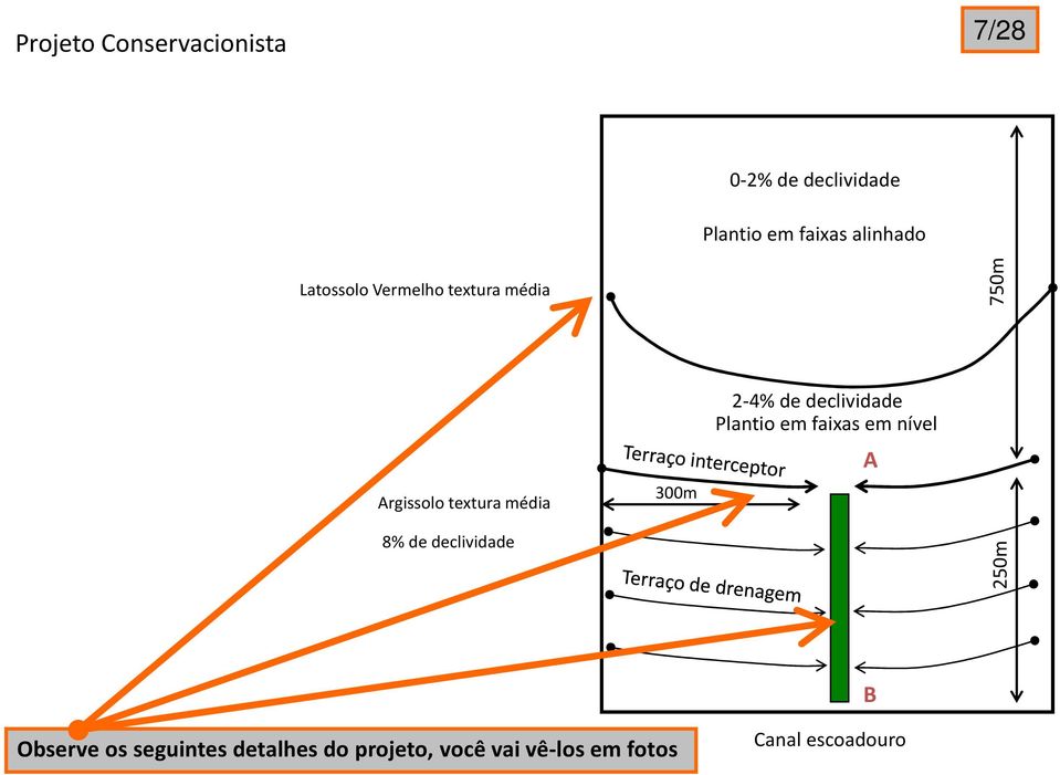 2-4% de declividade Plantio em faixas em nível A 8% de declividade 250m B