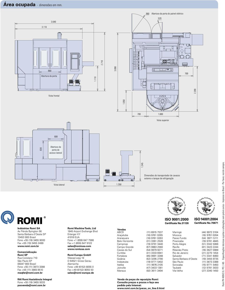 com.br Vista lateral Romi Machine Tools, Ltd 1845 Airport Exchange Blvd Erlanger KY 41018 EUA Fone +1 (859) 647 7566 Fax +1 (859) 647 9122 sales@romiusa.