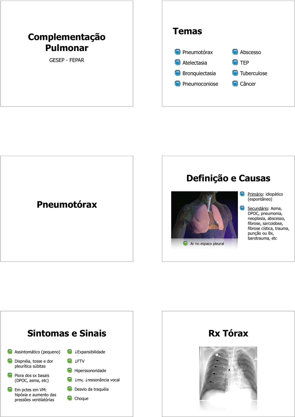 fibrose cística, trauma, punção ou Bx, barotrauma, etc Rx Tórax Assintomático (pequeno) Dispnéia, tosse e dor pleurítica súbitas Piora dos sx basais