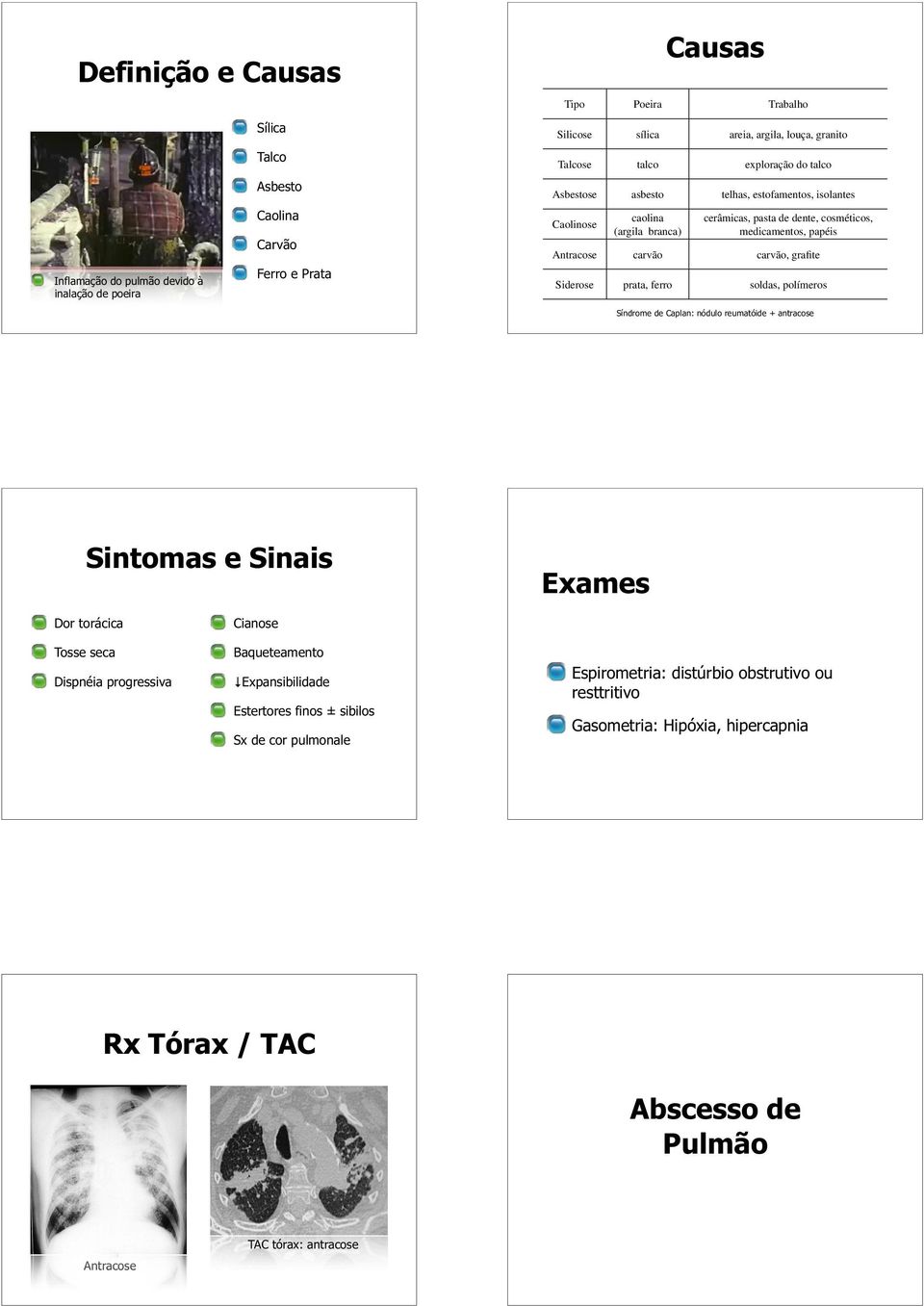 carvão carvão, grafite Siderose prata, ferro soldas, polímeros Síndrome de Caplan: nódulo reumatóide + antracose Dor torácica Tosse seca Dispnéia progressiva Cianose Baqueteamento