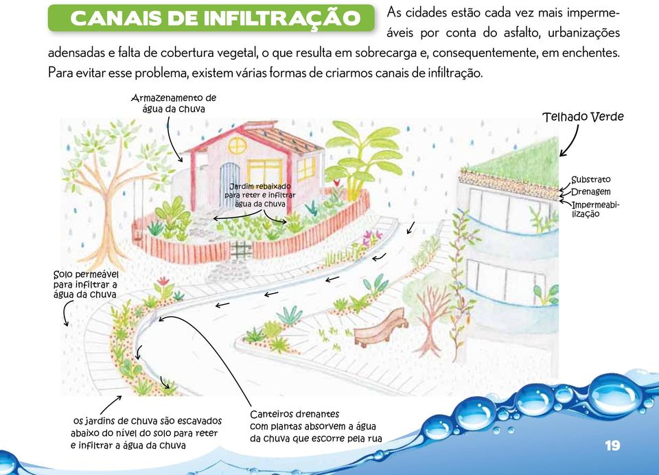 Armazenamento de água da chuva Telhado Verde Jardim rebaixado para reter e infiltrar água da chuva Substrato Drenagem Impermeabilização Solo permeável para