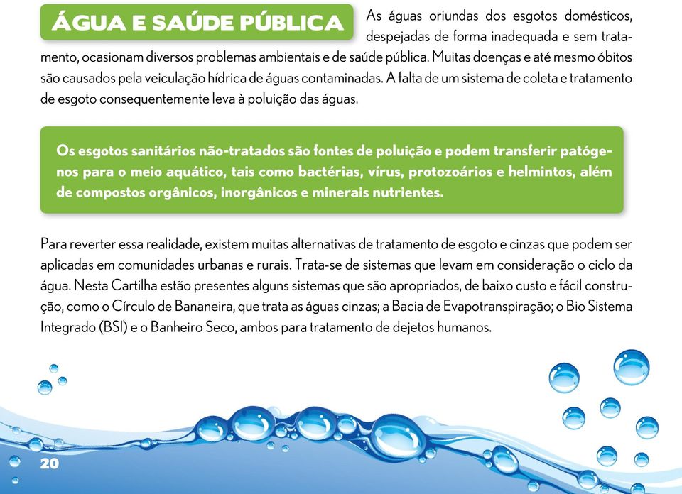 Os esgotos sanitários não-tratados são fontes de poluição e podem transferir patógenos para o meio aquático, tais como bactérias, vírus, protozoários e helmintos, além de compostos orgânicos,