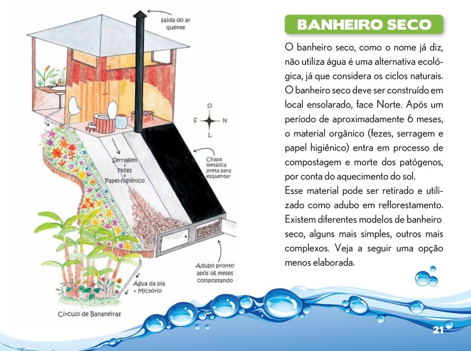 Após um período de aproximadamente 6 meses, o material orgânico (fezes, serragem e papel higiênico) entra em processo de compostagem e morte dos